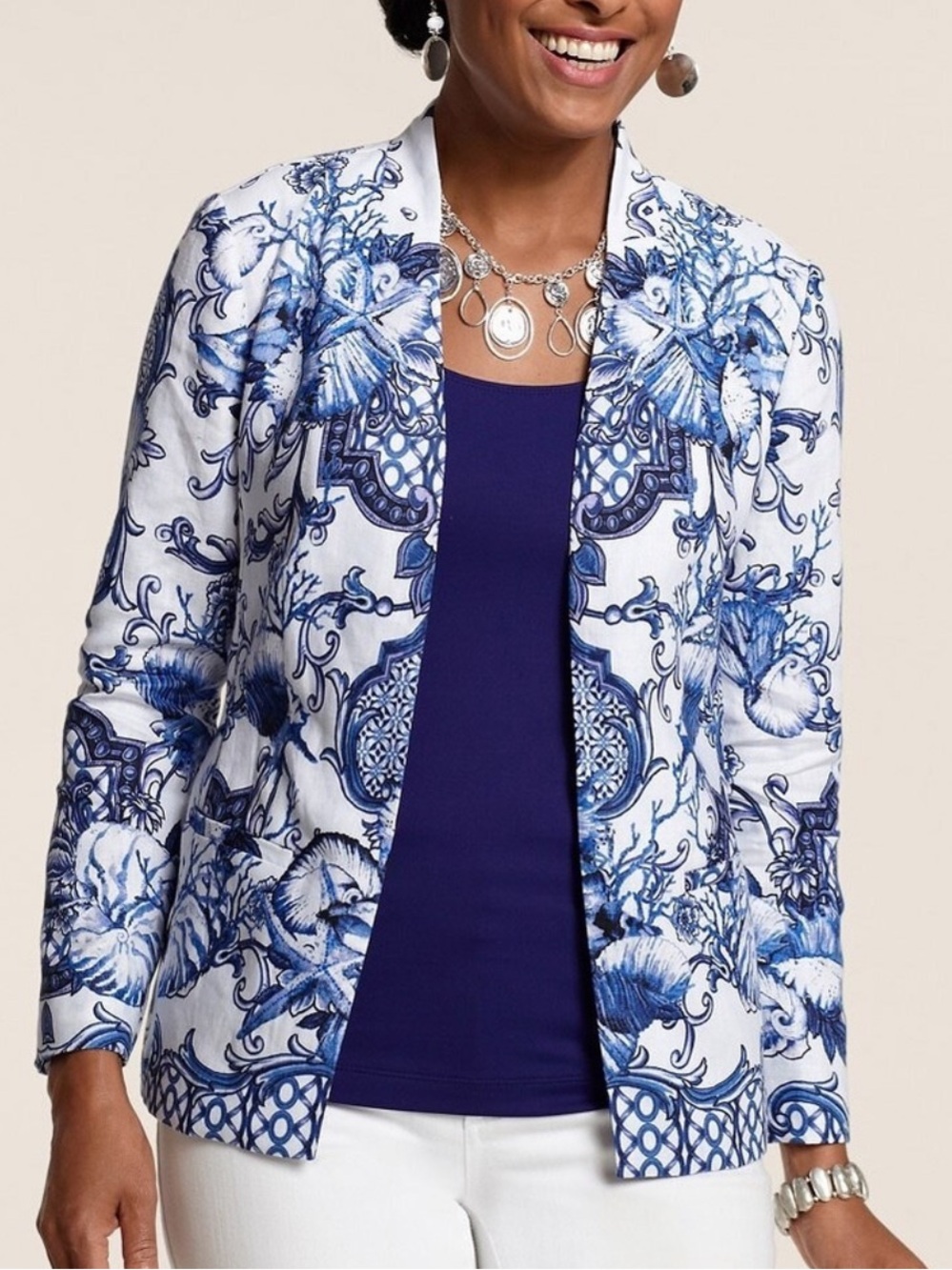 Chico's sanibel 100% linen White Blue Floral Printed Open-Front Blazer Womens 8